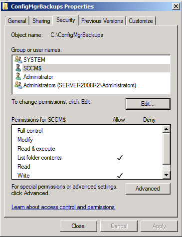 ConfigMgr site server permissions for backup on another server