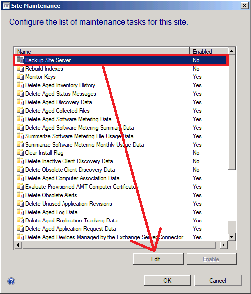 enable backup site server task