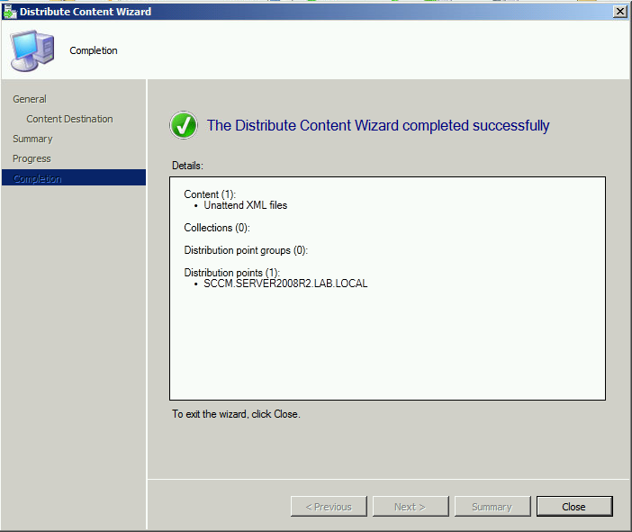 distribute content wizard complete