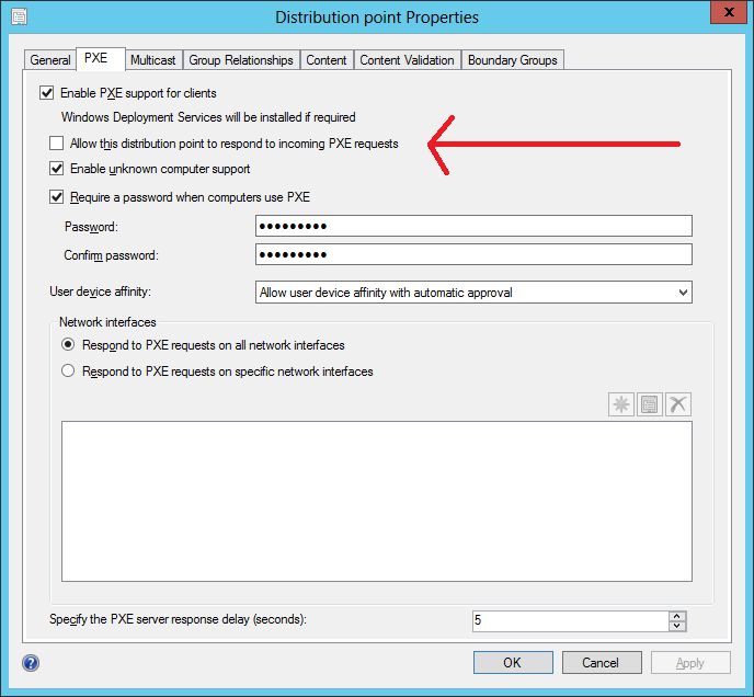 Allow this distribution point to repond to incoming PXE requests