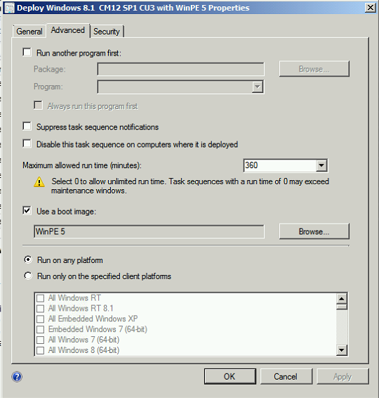 WinPE 5 boot wim added to the task sequence