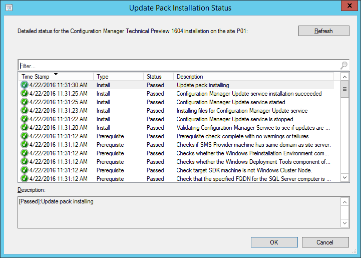 update pack installation status