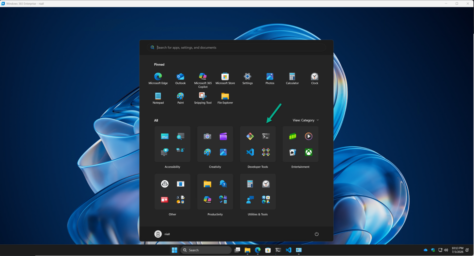 Windows Developer Preview Start Menu First looks at Windows 365’s gallery Image with Developer Configuration ...